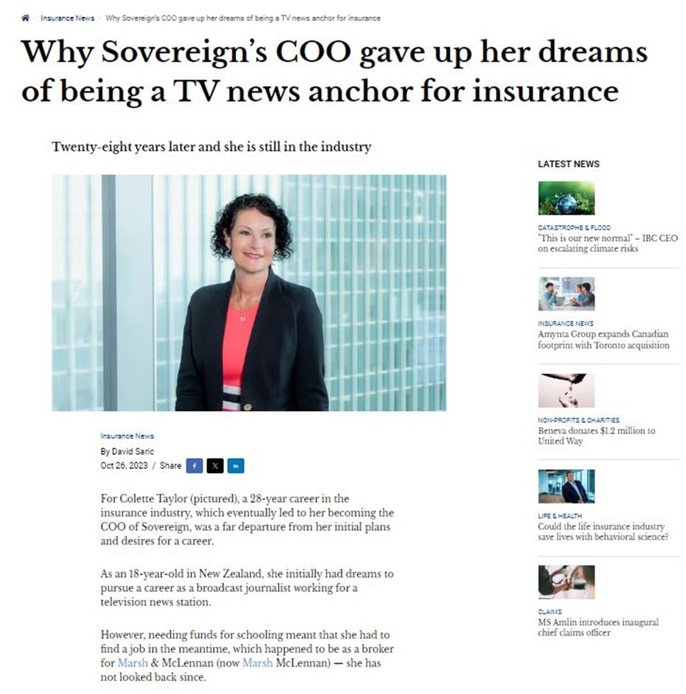a screenshot of the article "Why Sovereign’s COO gave up her dreams of being a TV news anchor for insurance"